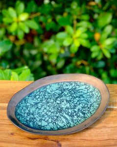 Uneven Shallow Turquoise & Black Oval Plate